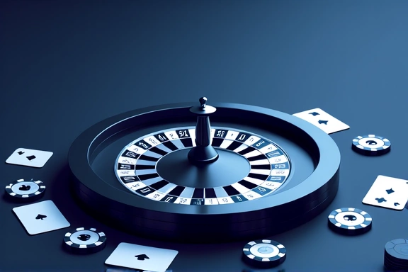 Casino en línea abstracto con elementos de ruleta y fichas en tonos azul y grafito